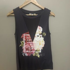 Express One Eleven Graphic Mesh V-Neck Tank Top Floral Sheer Panel 
Size S